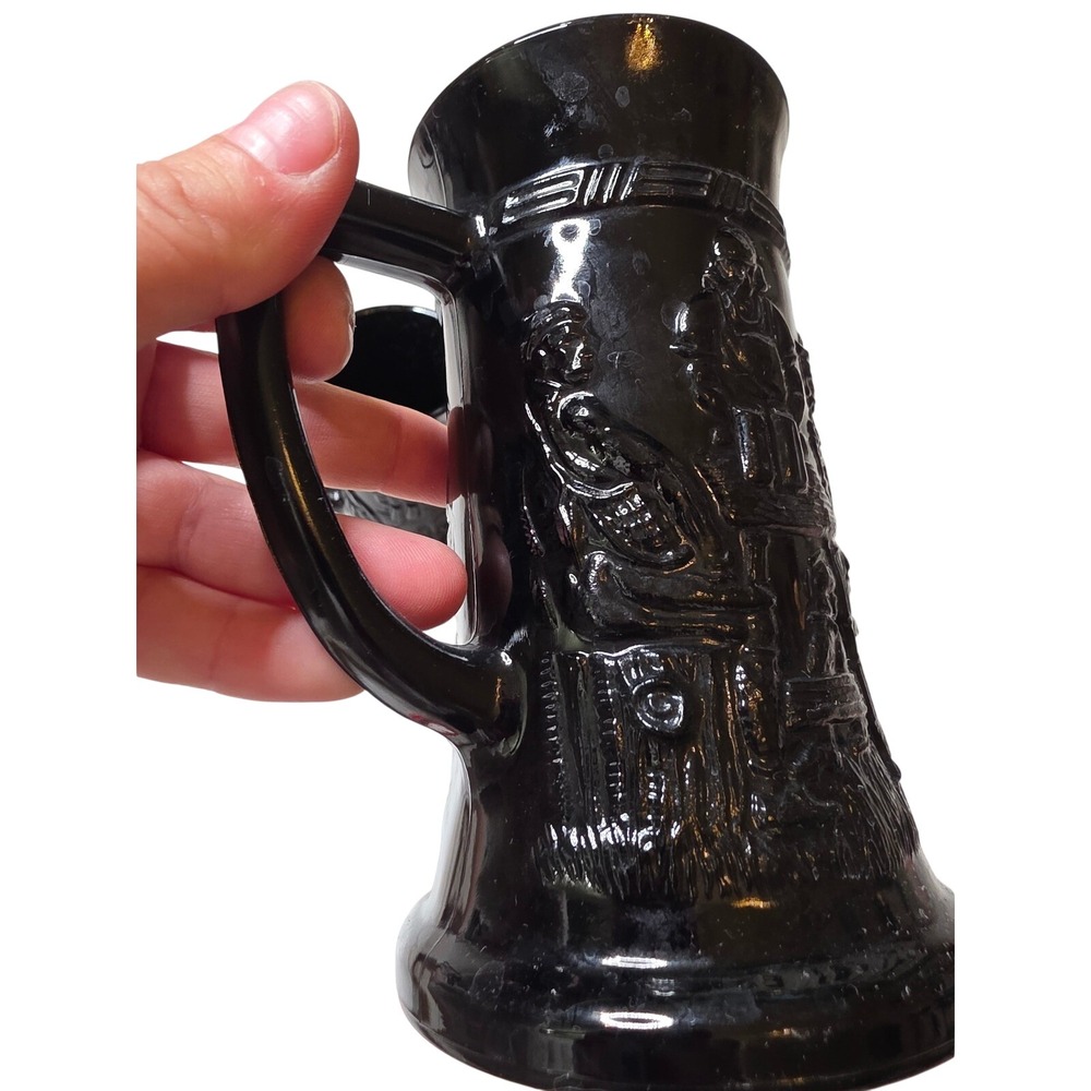 Vintage‎ Black Amethyst Glass Beer Stein Tavern Scene Embossed Mug Set of 3 A5